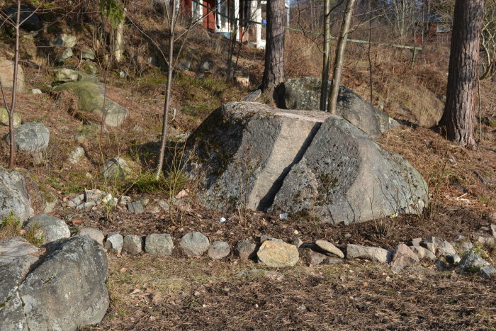 Naturlig sten i trädgårdsrabatt, omgiven av mindre stenar och nyplanterade växter med skogsbakgrund.