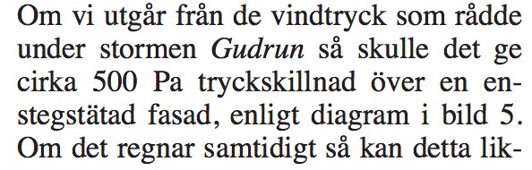 Textutdrag om vindsituationen under stormen Gudrun med referens till tryckskillnad och fasad i diagram i bild 5.