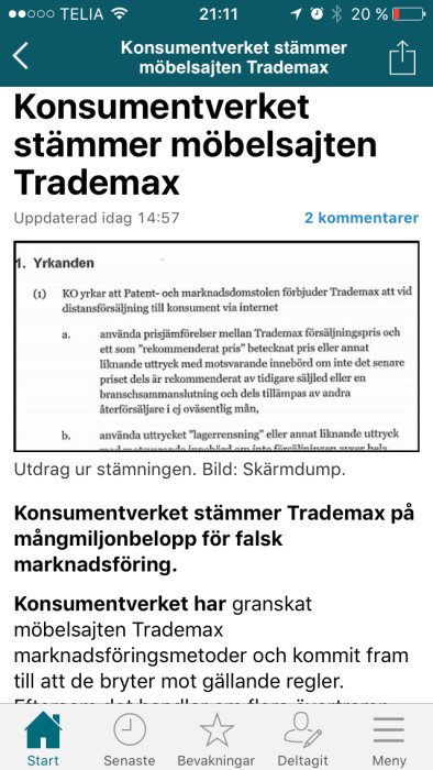 Skärmdump av en nyhetsartikel om Konsumentverket som stämmer möbelsajten Trademax.