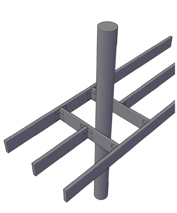 Sketch of a chimney pipe passing through floor joists, showing metal brackets for reinforcement and support placement according to user query.