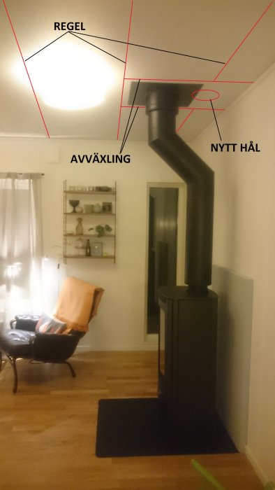 Image of a wood stove with a chimney featuring a bend, showing labeled reinforcement details in the ceiling for vent adjustment.