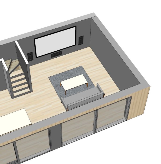 3D-modell av ett hemmabiosystem i ett vardagsrum med projektor, ljudutrustning och soffa.