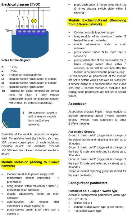 Elektriskt schema och installationsinstruktioner för en Qubino Z-Wave modul, inklusive beskrivning av terminaler och återställning.