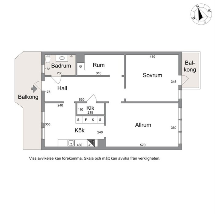 Ritning av en lägenhet med dimensioner, visar kök, badrum, sovrum och vardagsrum med balkong.