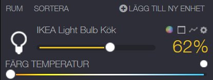 Skärmdump av gränssnittet för en smart ljuskälla märkt 'IKEA Light Bulb Kök' med en ljusstyrka på 62% och en justerbar färgtemperatur.