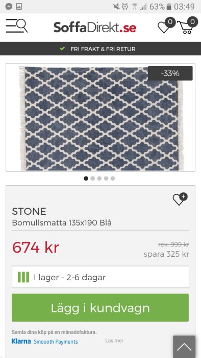 Petrolblå bomullsmatta med mönster, erbjudande på SoffaDirekt.se webbplats.