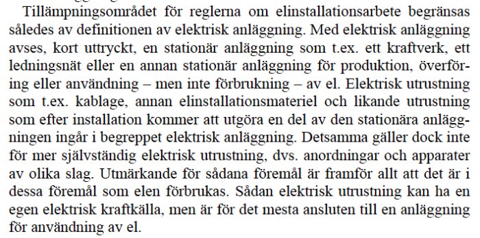 Skärmdump av en textsektion från Prop. 2015/16:163 som definierar tillämpningsområdet för elinstallationsarbete.
