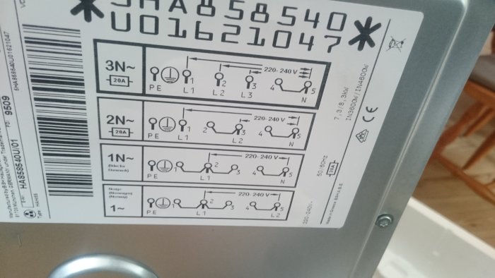 Etikett på spis som visar schabloner för elanslutningar för 1-, 2-, och 3-fas.