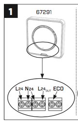 Schablonbild som visar koppling av termostat med märkningarna L24, N24, L24ur, ECO.