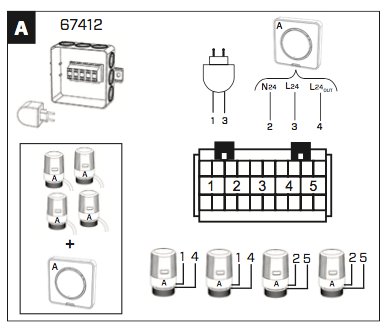 Instruktionsdiagram för koppling av golvvärmerumstermostat med märkningen och plintar.