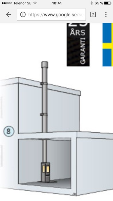 Illustration av ett hus med ventilationstrumma utvändigt längs sidan och upp över taket.