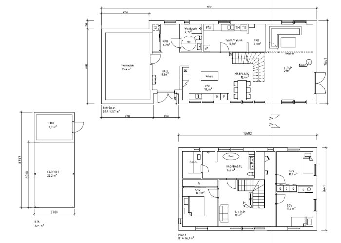 Arkitektritade planlösningar för ett hus med ändrat barnrumsingång, garderober längs väggen och flyttad sovrumsdörr.