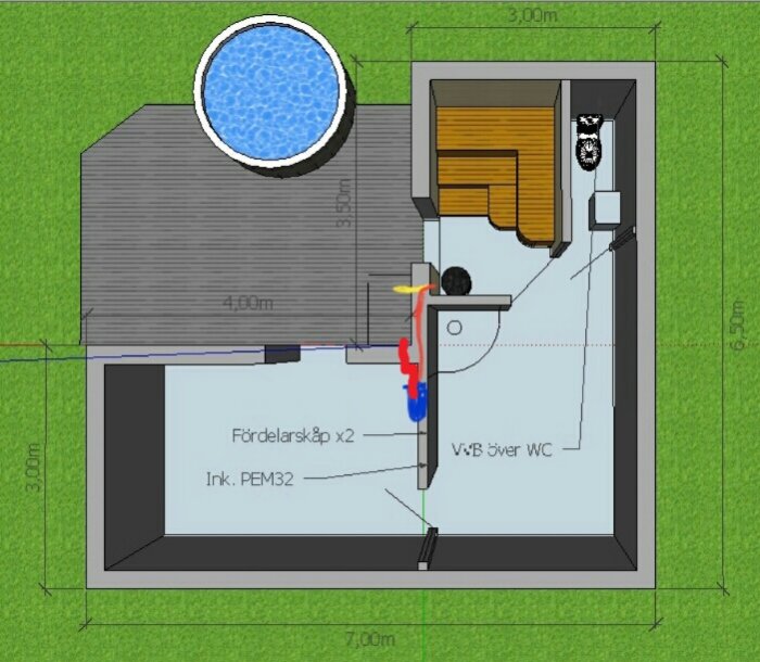Planritning av ett byggprojekt med röd markering som visar föreslagen placering.