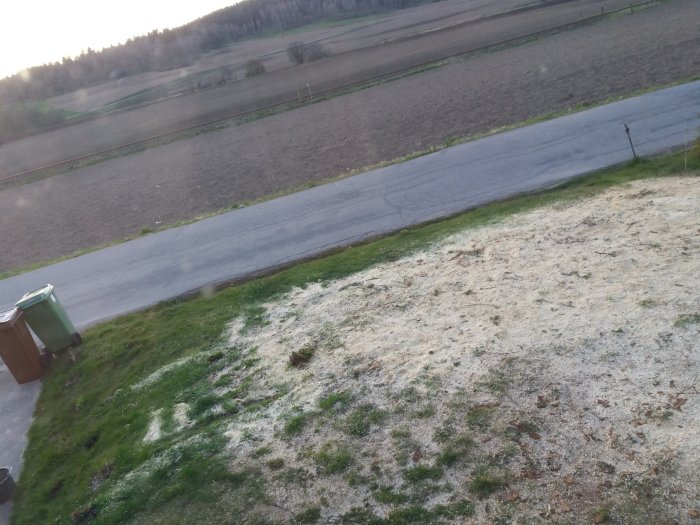 Utsikt över gräsmatta och landsväg vid skymningen, synlig frost på marken.