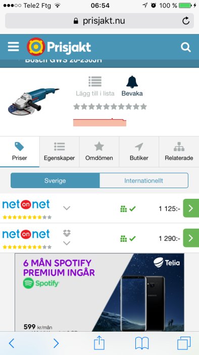 Skärmbild av en vinkelslip på Prisjakt med priser från NetOnNet och reklam för Spotify och Telia.