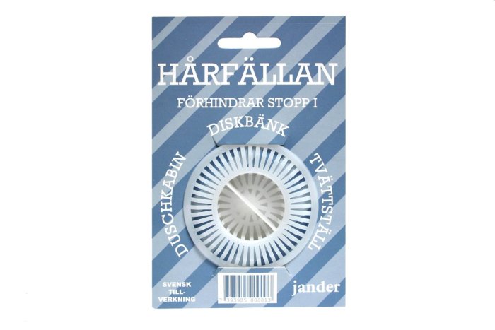 Hårfällan för att förhindra stopp i avlopp, visas i förpackning, föreslagen lösning för tjockt hår.