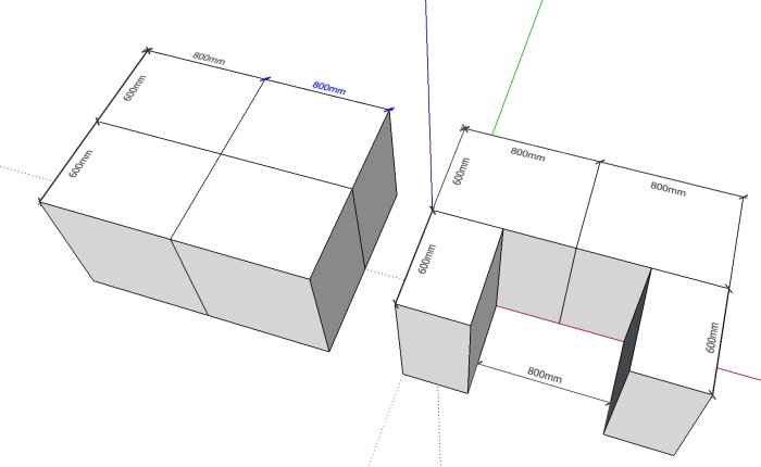 3D-schematisk design av två olika köksöar med måttmarkerade ytor, en traditionell rektangulär och en hästskoformad.