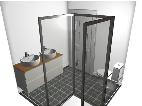 3D-visualisering av ett litet badrum med duschhörna, handfat och toalett.