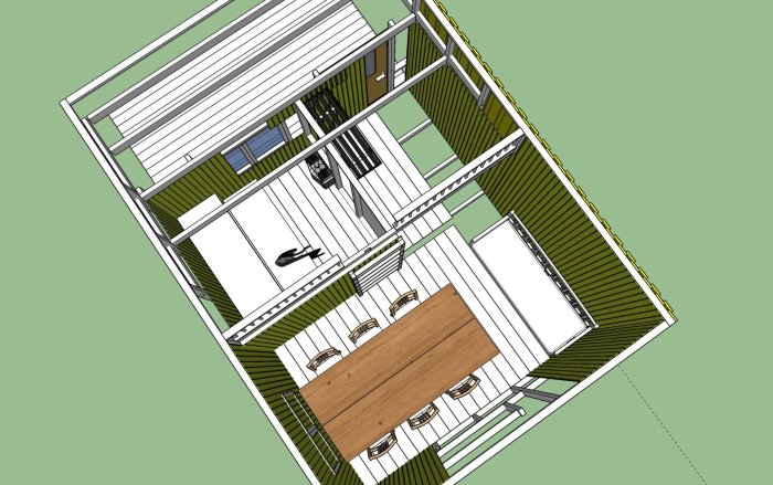 3D-design av byggprojekt som visar bastu, relax/matrum och loft.