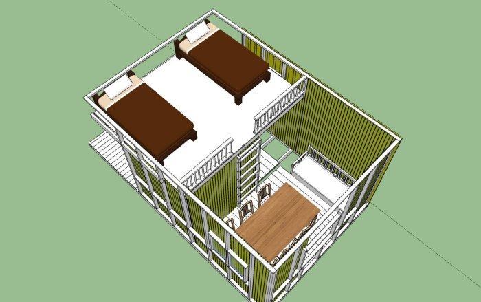 3D-design av en byggnad med loft, sängar, relaxavdelning och matplats.