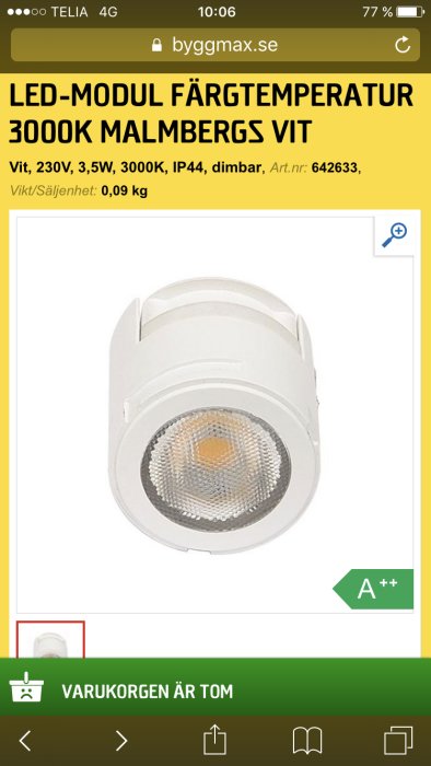 LED-modul från Malmbergs med 3000K färgtemperatur på en produktbeskrivningssida.