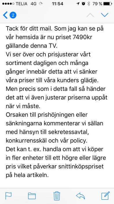 Skärmdump av ett mejl som förklarar prisjusteringar för en TV på en företags hemsida.