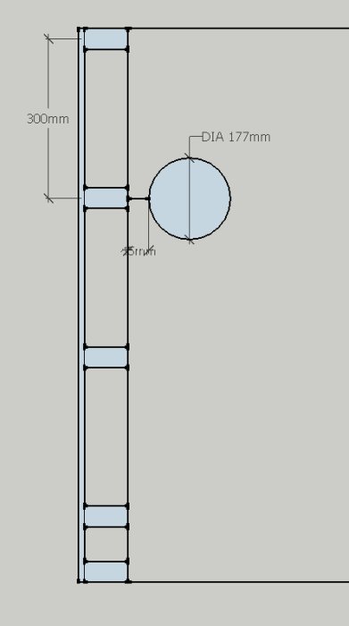 Teknisk ritning som visar mått från regel till kanten på en Pax Calima fläkt, 45mm avstånd noterat.