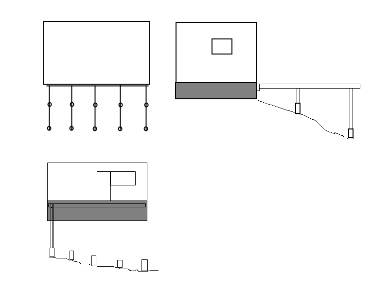 Grundläggande skiss av altan med gjutna plintar, stolpskor och husets betongsockel i profil och planvy.