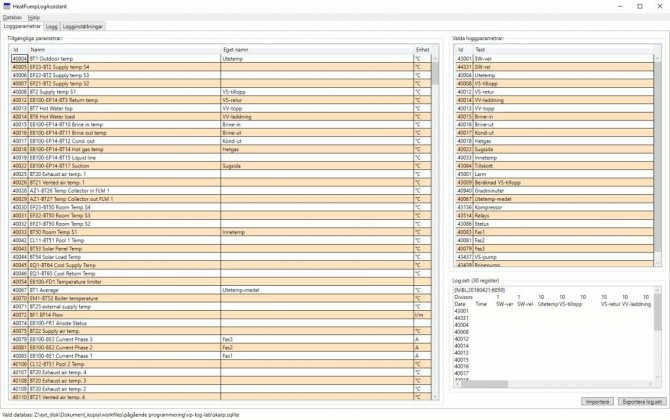 Skärmdump av ett program med listor över byggprojektsparametrar och logginställningar.