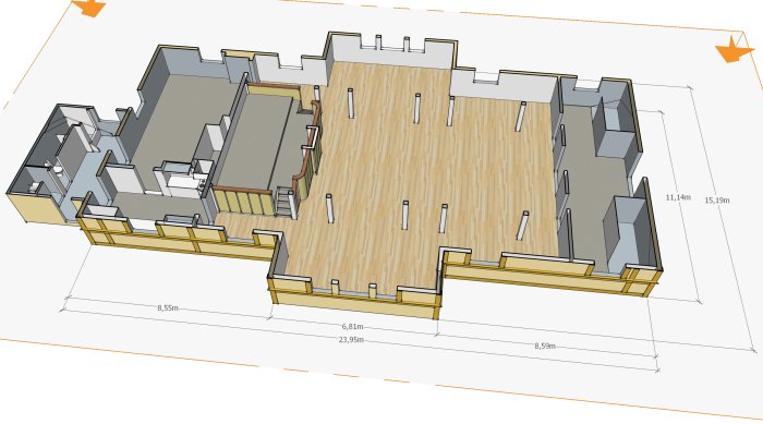 3D-skiss i Sketchup av en storsal i ett byggprojekt med måttangivelser och synliga balkar.