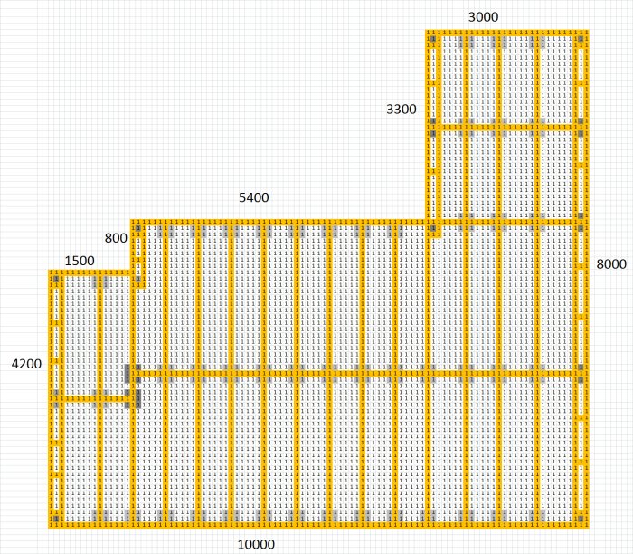 Skiss över trädäck med märkta regelfästen och dimensioner för att planera markstenläggning.