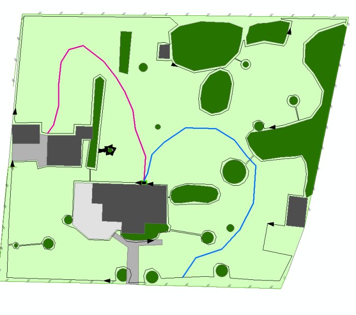 Översiktsbild av trädgårdsplan med utlagda rosa och blå guidekablar för robotgräsklippare, inkluderar gräsytor och hinder.