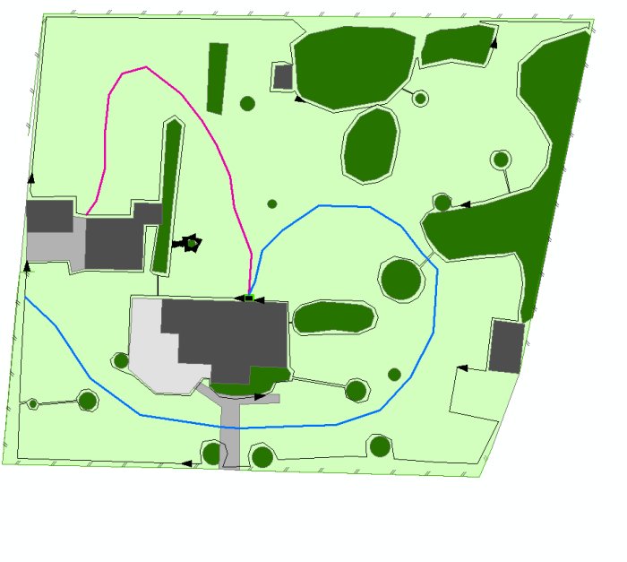 Översiktsbild av en trädgårdsplan med utlagda rosa och blåa guidekablar för en robotgräsklippare.