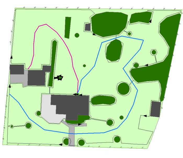 Översiktskarta över trädgård med markerade guidekablar för robotgräsklippare, rosa och blå slingor runt hinder.