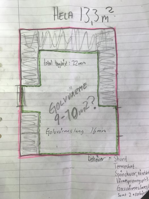 Handritad skiss av ett kök på 13,3 kvm med planerad slinga för golvvärme på 10 kvm.