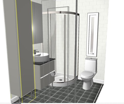 3D-planlösning av en liten toalett med tvättställ, toalett och mjukt hörnduschhörn motsatt dörren.