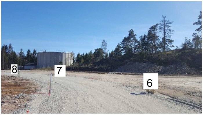 Bilden visar tre markerade tomter med nummer 8, 7, och 6 på en öppen byggplats med träd i bakgrunden och en stor tank i närheten.