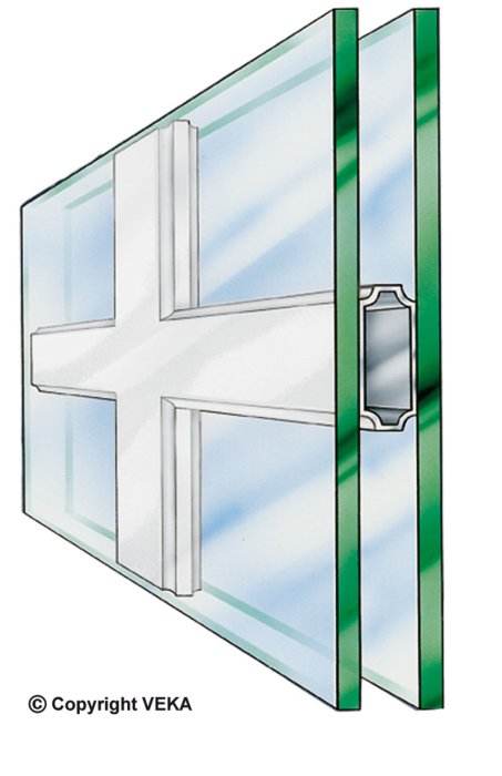Illustration av ett fönster med utanpåliggande spröjs och en mellandel från VEKA.