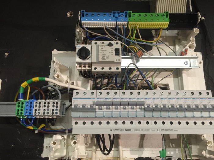 Elcentral med trångt organiserade kablar, säkringar och anslutningar.