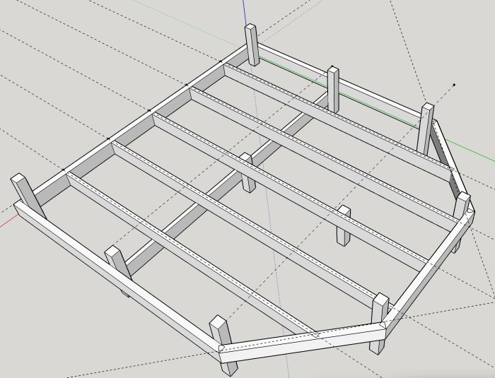 3D-skiss av altanens stomme med måttangivelser, inklusive bärlinor, plintar och golvreglar.