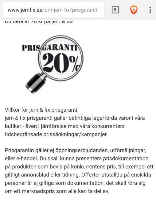 Förstoringsglas som granskar texten "PRISGARANTI 20%", illustrerar prisgarantivillkor från en återförsäljare.