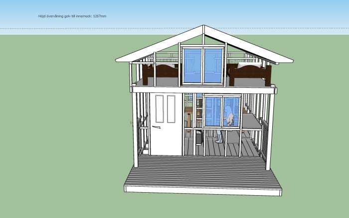 3D-ritning av en veranda med nockbalk, stolpar, och fönster på andra våningen.