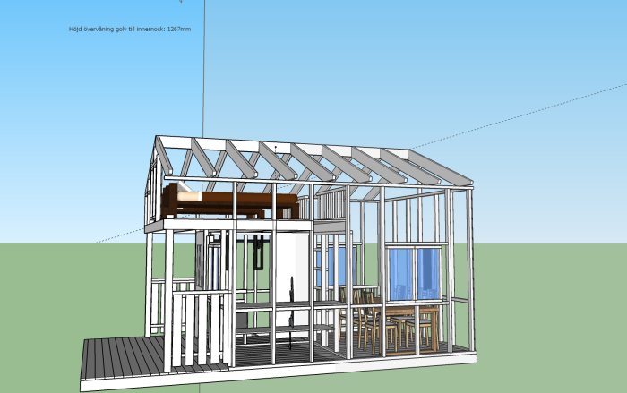 3D-modell av hus med utskjut och stödstolpar som ej når marken, synlig limträbalk-konstruktion.