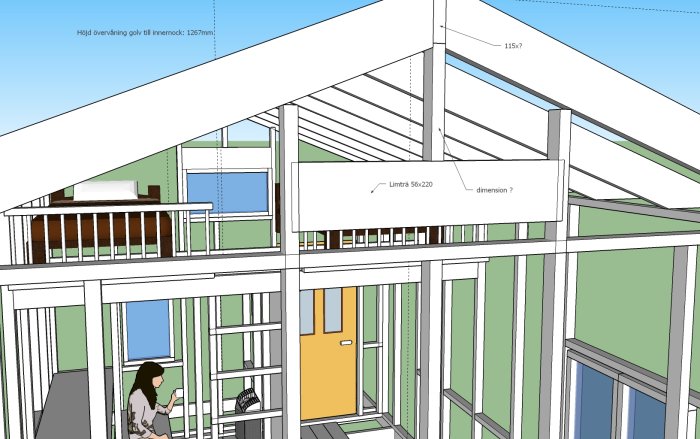 3D-ritning av träreglar i en byggkonstruktion med dimensioner och frågetecken som markerar osäkerhet.