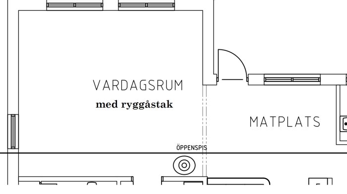 Ritning av ett vardagsrum på 30m2 med ryggåstak, öppen spis och stora fönsterpartier mot en trädgård.