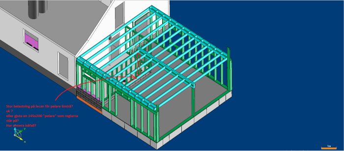3D-modell av en byggkonstruktion med frågor om belastning och gjutning angående en pelare.