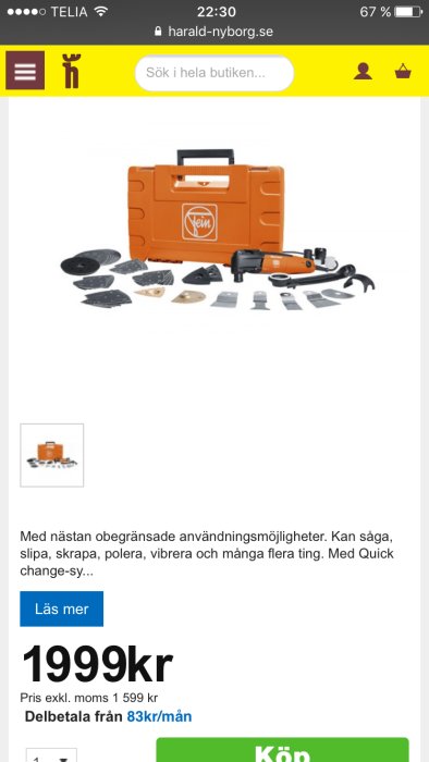 Multifunktionsverktyg med tillbehör i orange väska visas på en webbplats för 1999kr.