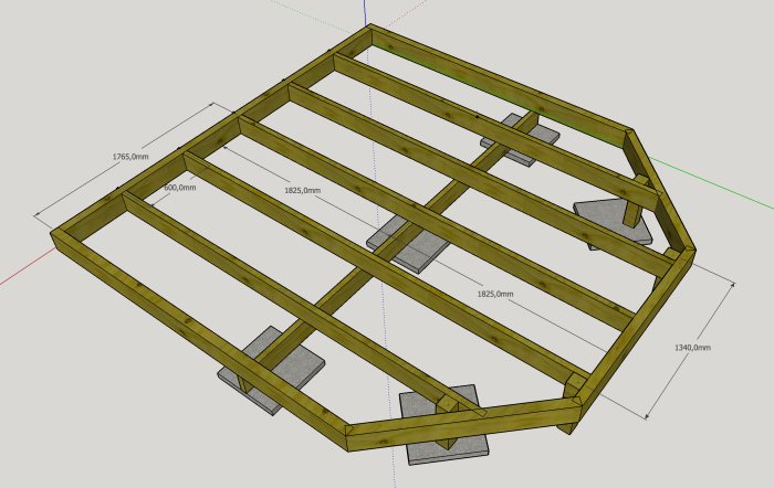 3D-modell av träbärlina för byggprojekt med dimensioner och plintar.