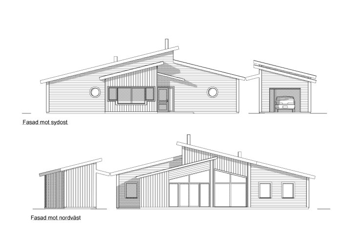 Arkitektoniska ritningar av ett hus och ett garage med ett planerat skärmtak mellan byggnaderna.