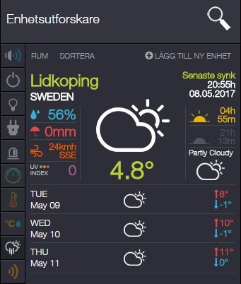 Skärmdump av en väderstationsapp med temperatur, fuktighet, vindstyrka och veckoväderprognos för Lidköping, Sverige.